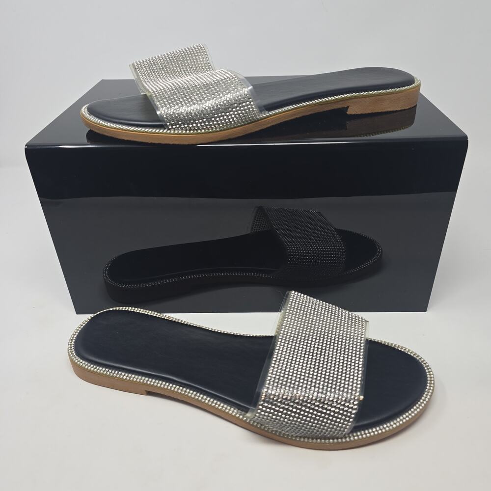 Women's Rhinestone Slide Sandals Crystal Flat Slip On Black Silver EU 43 US 12